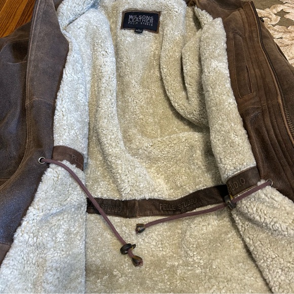 Wilsons Pelle Studio Brown Leather Sherpa Fur Lined Mid Length Heavy Winter Coat - Picture 14 of 17